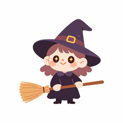 Obraz premium Cute little witch character holding a flying broomstick, adorable chibi halloween illustration isolated on a white background