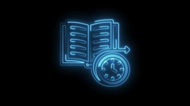 Neon glowing open book icon with clock and arrow symbolizing time management learning and