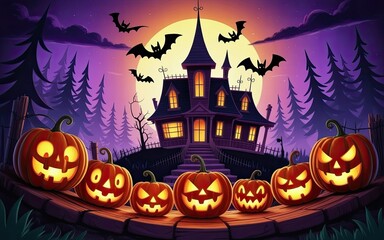 Fototapeta premium Spooky halloween night with jack-o'-lanterns and haunted house