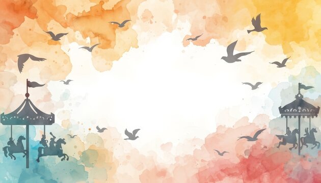 Brightly colored watercolor background with a carousel and birds flying in the sky
