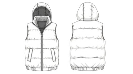 Fashion designer illustrates white puffer vest with hood front and back. © Stock Image Paradise