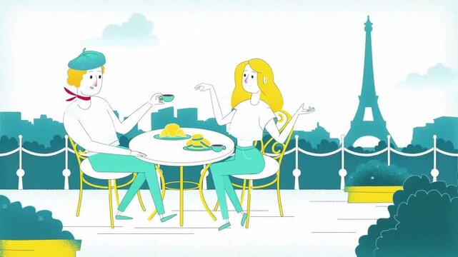 Romantic Couple Having Dinner at an Outdoor Cafe with Eiffel Tower Background Animation