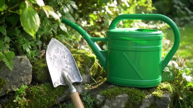 Green plastic watering can and metal garden trowel resting on mossy rocks in a sunny garden