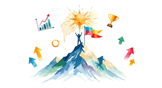 Success concept person on mountain peak with flag reaching for sun