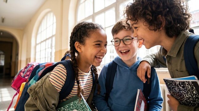 Three middle school students with backpacks laugh together in a bright hallway, holding notebooks and chatting with a friend; candid friendship moment between classmates