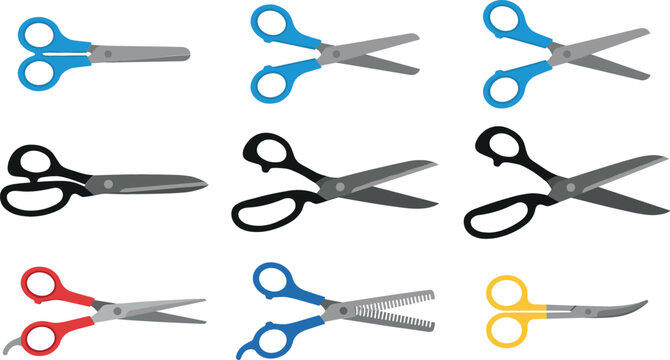 Scissor icons vector set featuring school scissors tailor shears barber thinning shears and safety craft cutters with colorful handles for office or salon design