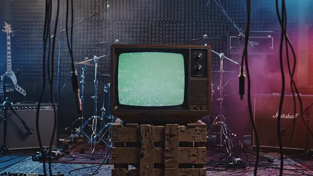 Vintage Television Displaying Static Noise In Music Studio Surrounded By Instruments With Colorful Light Effects