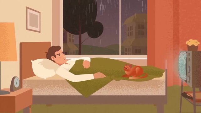 Stressed or Sick Man Resting in Bed at Night in a Dark Cozy Bedroom Animation