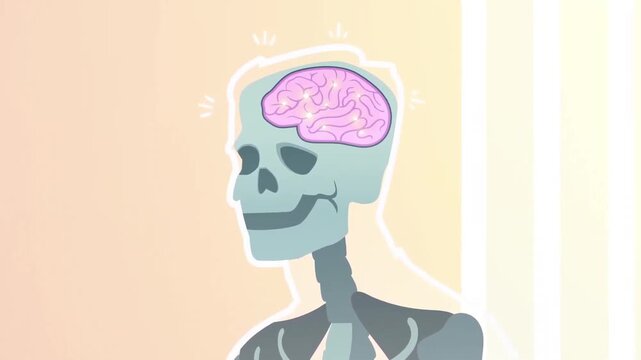 Anatomical X-Ray Animation of Human Skeleton and Glowing Brain Medical Concept