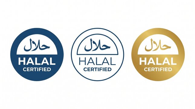 Three circular halal certified stamp icons in blue, outline and gold color options on white background, perfect for food packaging, product labeling and islamic branding