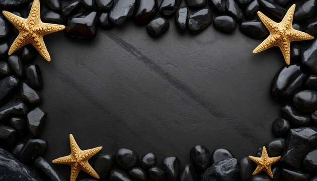 There are two starfishs in the middle of a circle of black rocks