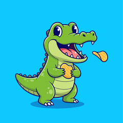 Fototapeta premium Cute Cartoon Alligator Eating Potato Chips Happily.