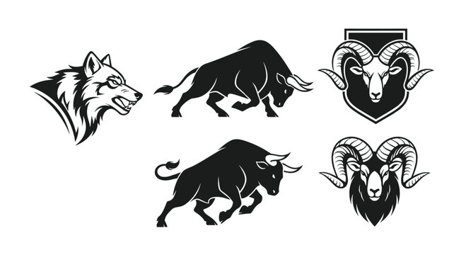 Powerful black and white animal head logos featuring a stylized wolf, bulls, and rams for sports or university club emblems.