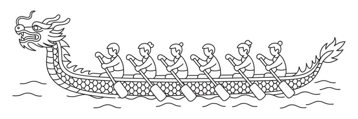 Dragon boat with six rowers, black and white line illustration, dragon boat racing, traditional water sport, rowing team silhouette, festival competition design © Alamin by vision 2
