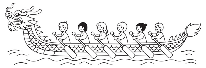Dragon boat with six rowers, black and white line illustration, dragon boat racing, traditional water sport, rowing team silhouette, festival competition design © Alamin by vision 2