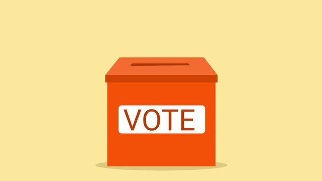 Ballot paper with checklist being dropped into an orange vote box on a plain yellow background.