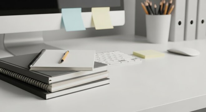 A stack of blank company notebooks with a pen and sticky notes on a clean desk, organized for business and productivity