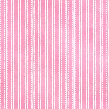 Watercolor striped seamless pattern. Pink pastel decorative background with white scalloped lines.