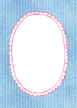Pink watercolor scalloped oval frame on blue background.