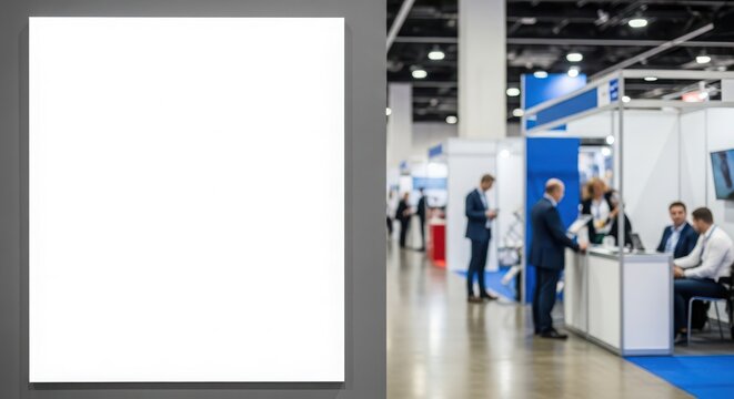 Blank conference wall mockup with blurred business event background and attendees
