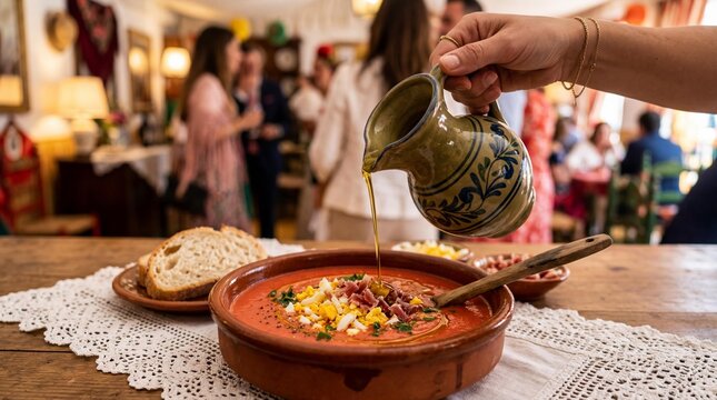 Pouring olive oil onto traditional salmorejo soup at a Spanish festival