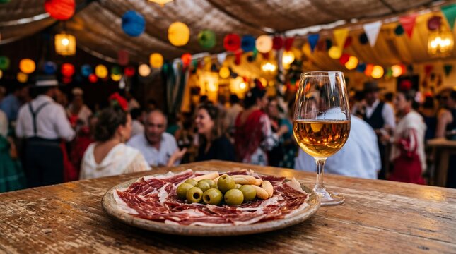 Spanish tapas plate with jamon iberico and white wine at Seville Fair