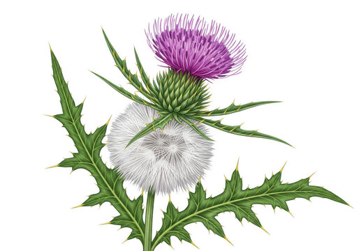 Scottish Thistle plant in bloom with fluffy seed head against a bright setting