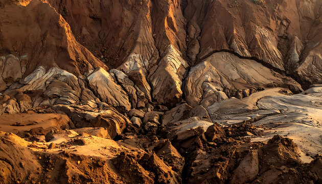 Aerial view of arid desert landscape with eroded rock formations and dry earth, dramatic shadows and warm sunlight