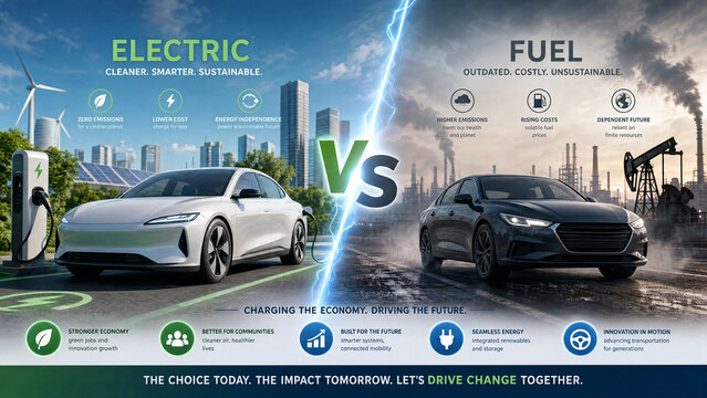 Vivid conceptual split-screen illustration comparing a traditional internal combustion engine's mechanical complexity with a sleek electric vehicle battery, showcasing the future of transportation.