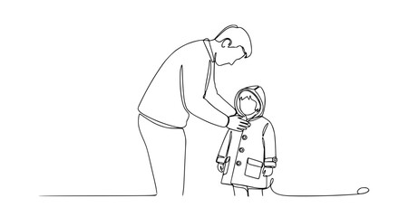Obraz premium Father dressing child in winter coat, continuous line drawing, family bonding, parenthood