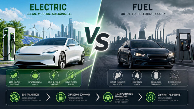 High-angle split-screen view of the interior dashboard and digital cockpit of a futuristic concept electric vehicle versus a luxury production model, showcasing advanced user interface design.