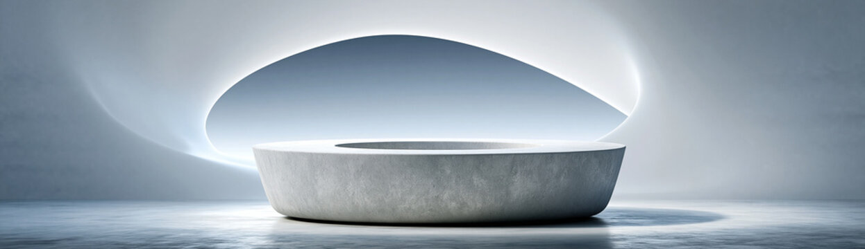 A minimalist backdrop features a 3D podium with a curved, organic shape, surrounded by clean, white space. The design offers plenty of room for text or branding, ensuring a sophisticated presentation.