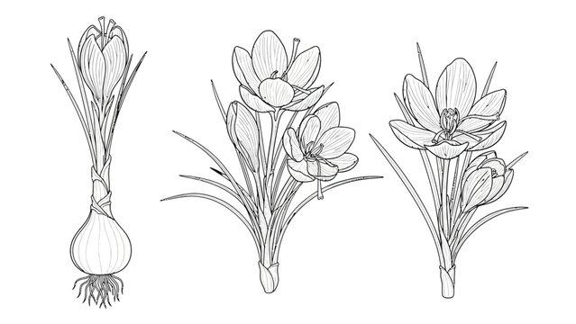 Botanical saffron crocus flowers illustration with corm roots and petals line drawing for gardening hobbyists and organic herbal medicine concept sketches.