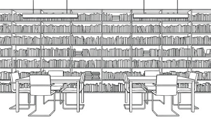 Academic library interior with floor to ceiling bookshelves filled with books and study tables for quiet research reading or educational student sessions. © hossain
