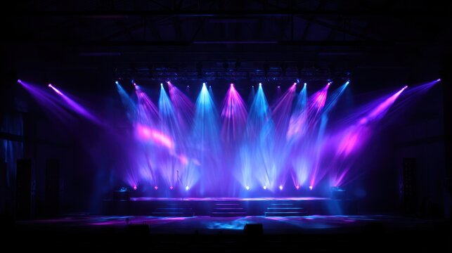Vibrant purple and blue stage lights illuminating a dark venue for a live performance