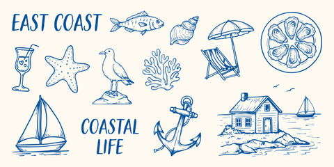 Hand Drawn Marine Coastal Elements Bundle with Ocean Waves, Coral Reefs, Seashells and Nautical Objects for Beach and Travel Graphics © RPO YEN
