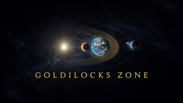 Planets orbiting sun in goldilocks zone with moon and rings in space with stars and galaxy  celestial bodies alignment