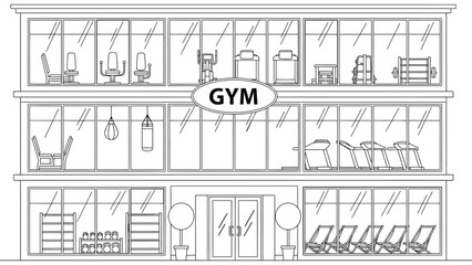 Fototapeta premium Modern gym building facade sketch showing three floors of fitness center with exercise equipment like treadmills and punch bags visible through windows.