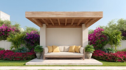 Fototapeta premium Serene Outdoor Lounge Space with Cozy Couch and Colorful Flowering Plants Beneath a Wooden Roof in a Bright Blue Sky Setting