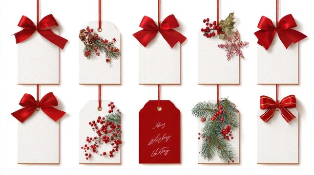 Christmas gift tags with red bows and festive decorations isolated