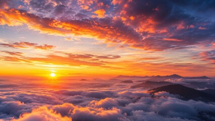 Fototapeta premium Sunrise glowing above cloud layer over distant mountain range