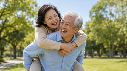 Fototapeta premium Elderly couple laughing during outdoor walk in park