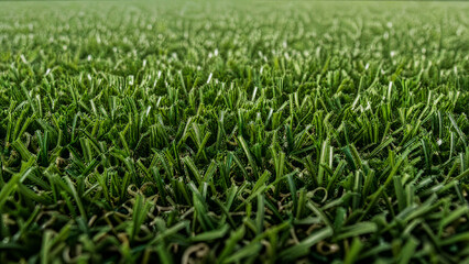 Fototapeta premium Low-angle macro photograph of dense artificial football turf, emphasizing upright green plastic blades, curled fibers, layered depth, soft field background, and detailed synthetic ground texture