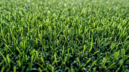 Fototapeta premium Close macro view of lush artificial turf covered with short green blades and glistening moisture, showing layered fibers, dark rubber infill, and softly blurred depth across a vivid outdoor surface