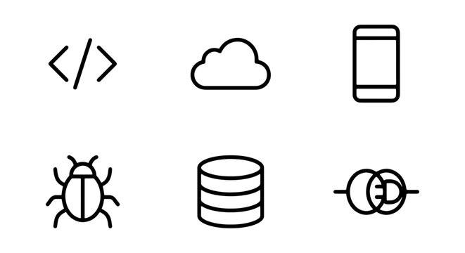 Technology Icons Set: Code, Cloud, Mobile, Bug, Database, Network Symbols for Digital Concepts