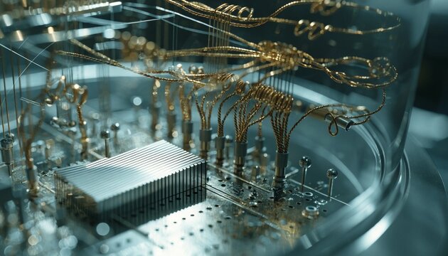 High-tech quantum computer processor macro shot showing elaborate gold and copper wiring suspended in a cryogenic cooling chamber, advanced technology for future supercomputing research.