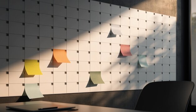 Modern wall planner calendar featuring blank colorful sticky notes attached to various dates, serving as a clean project management mockup for scheduling tasks, appointments, and organization goals.