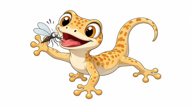 Cartoon-style gecko happily catching a mosquito, clean vector illustration, isolated on pure white background