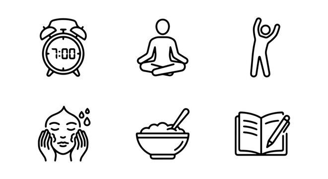 Daily Routine Icons: Morning Alarm, Meditation, Exercise, Skincare, Healthy Breakfast, Journaling, Vector Set