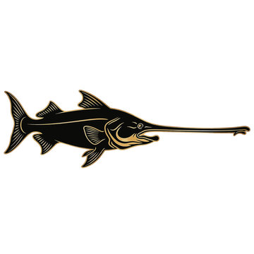 Detailed vector silhouette of an American paddlefish in black and gold isolated on white background, showing the distinctive long rostrum snout, fins, and heterocercal tail shape.